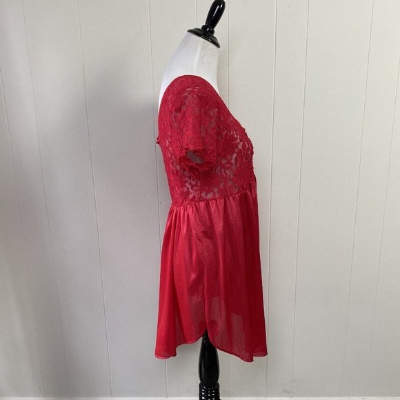 Vintage Cinema Etoile Red Sheer Lace Nylon Babydoll Mini Nightgown Size Medium - Picture 5 of 12